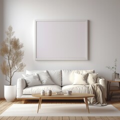 Minimalist living room interior with white sofa coffee table and potted plant