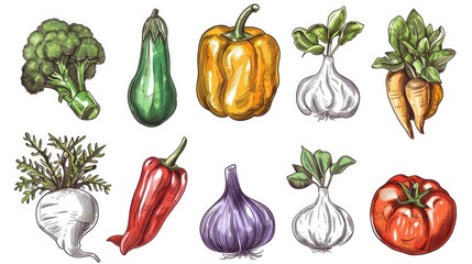Modern vegetable sketch icons set of 9, symmetrically arranged on white background