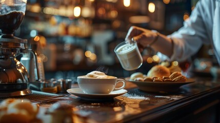 Naklejka premium Barista preparing coffee in a cozy cafe. Warm lighting and rustic decor create a relaxed atmosphere. Focus on a steaming cup of cappuccino with foam art and fresh pastries on the counter. AI