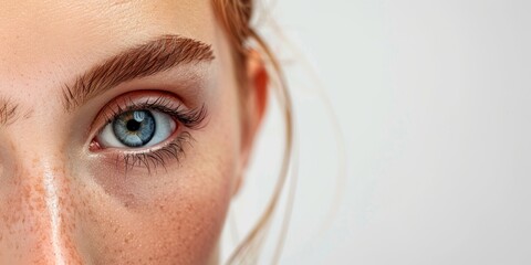 This is a detailed macro photograph capturing the beauty of a freckled blueeyed person with red hair in a closeup portrait. The image displays vibrant colors and intimate expression