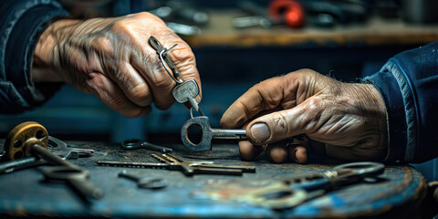 A locksmith’s hands crafting a custom key, providing security with expertise