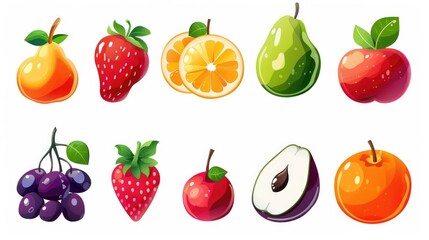 Nine cartoon fruit icons, modern and symmetrically arranged on white background