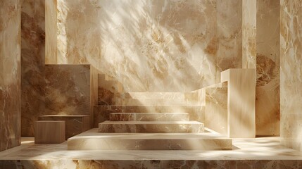 Marble product display podium, rough natural marble block backdrop, minimalist geometric platform, beige and white tones, studio lighting.