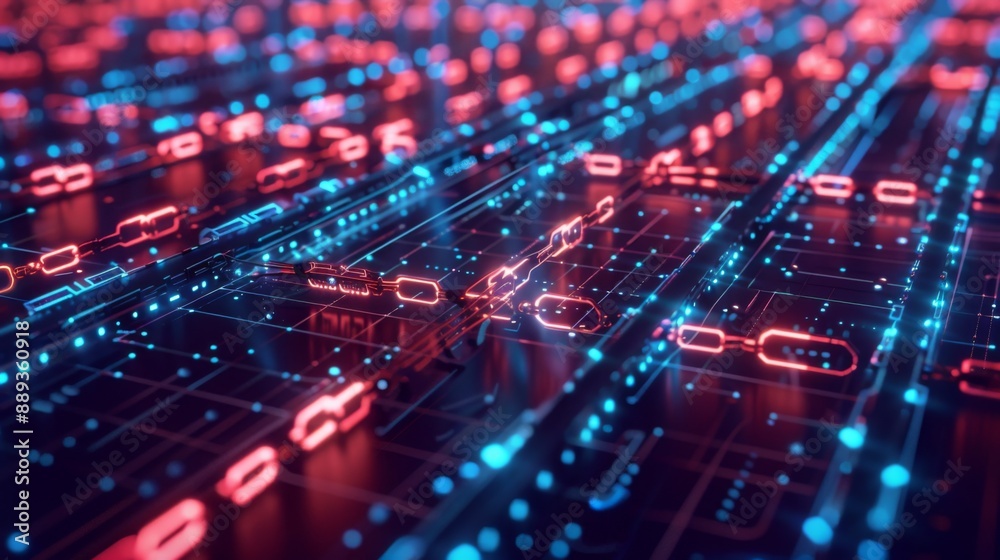 Poster A digital network with glowing red and blue lights. The network appears to be made up of circuits and connections.