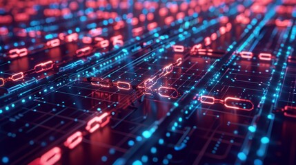 Obraz premium A digital network with glowing red and blue lights. The network appears to be made up of circuits and connections.