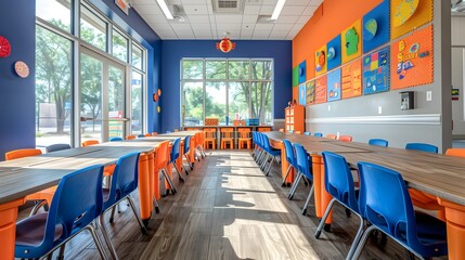 Obraz premium Modern elementary classroom, colorful plastic chairs, blue and orange seating, long wooden tables, vibrant educational posters, natural light, cheerful learning environment.