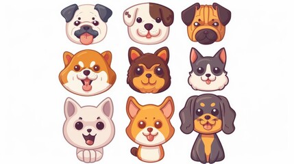 Fototapeta premium Nine cartoon pet icons symmetrically arranged on white background