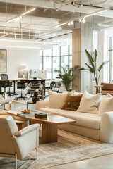 Fototapeta premium Elegant coworking office with contemporary furniture, neutral tones, and sophisticated decor, creating a professional yet comfortable environment