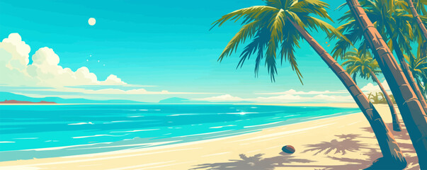 Obraz premium Palm tree with coconuts on a tropical beach, Vector flat minimalistic isolated illustration