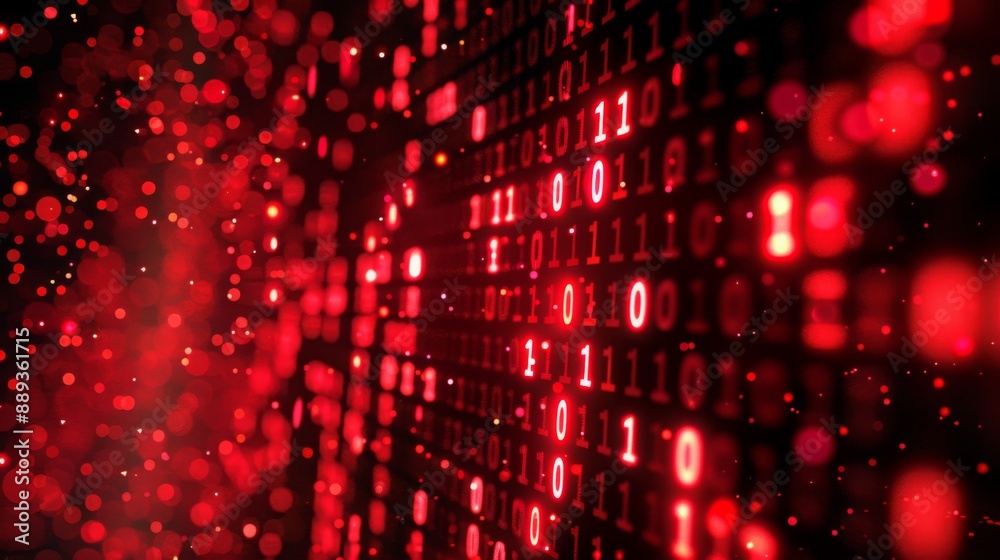 Poster Red binary code lights up a dark background, with glowing particles in the foreground.