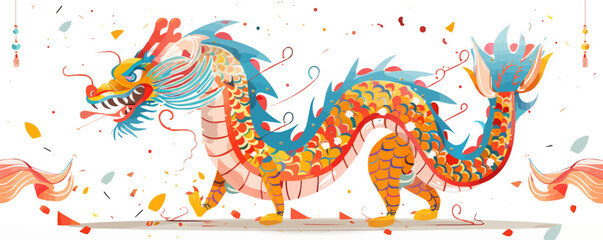 Traditional Chinese dragon dance during festival, Vector flat minimalistic isolated illustration