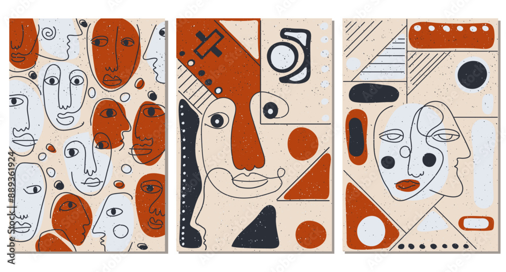 Poster set of hand drawn abstract faces in line art style, seamless pattern background, modern minimalism a