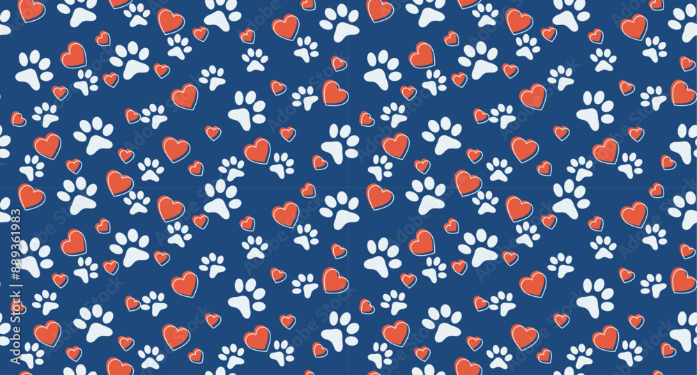 Poster pattern with animal paws and hearts. seamless stylish and cute pattern.