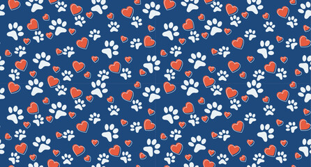 Pattern with animal paws and hearts. Seamless stylish and cute pattern.