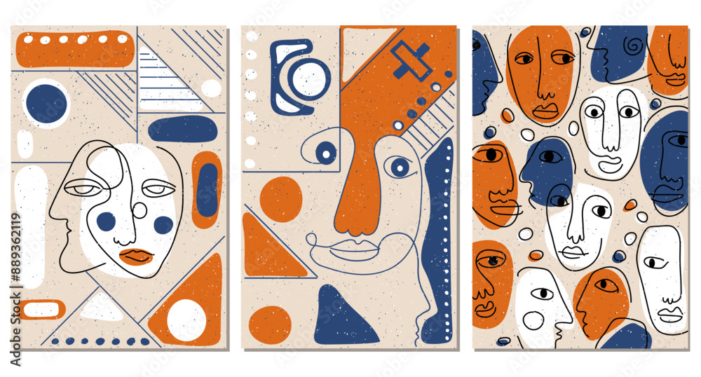 Poster set of hand drawn abstract faces in line art style, seamless pattern background, modern minimalism a