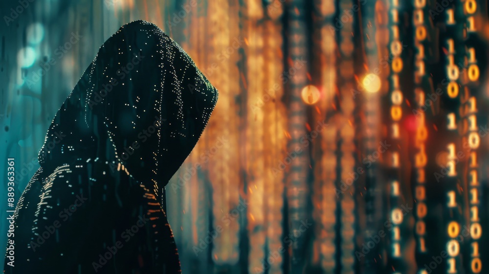 Poster A person in a dark hooded jacket stands before a blurred background of binary code and lights.