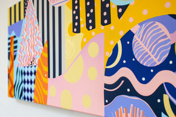 Canvas poster with whimsical geometric patterns in pastel colors, showcasing playful shapes and swirls in a fun wallpaper style