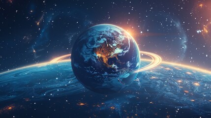 A planet with rings, seen from space, blue light in the background, illustration style, simple, dark blue and brown tones, high resolution, high quality, high detail,