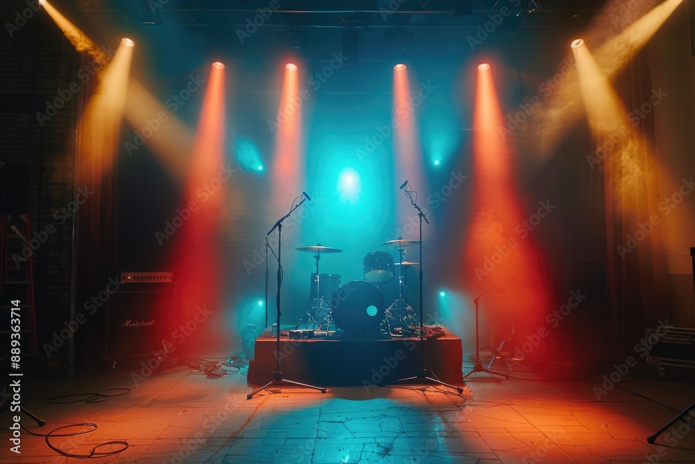 Poster a stage with a drum set up in the middle, ideal for music performances and events