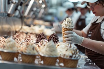 A worker in a kitchen decorates ice cream treats, surrounded by other desserts and production equipment