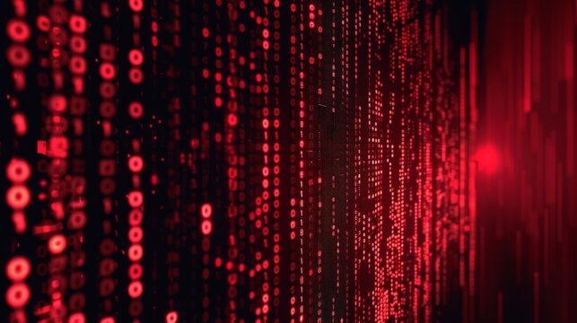 A close-up of a wall of red binary code, with a blurred background of red light.