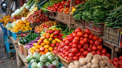 Photograph the colorful displays of fresh produce at a street market