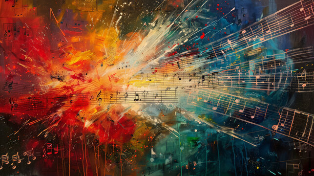 A dynamic, colorful burst of paint with faint sheet music notes overlaid, creating an abstract representation of musical energy.