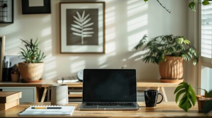 Minimalistic Workspace with Laptop, Planner, and Coffee Mug