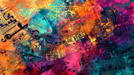 Fototapeta premium A vibrant abstract background featuring bold splashes of color and faint, intricate sheet music notes in a layered composition.