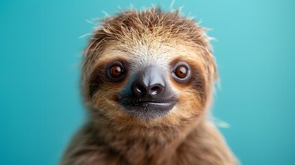 Sloth portrait, vibrant background, close-up, front view, curious expression, big round eyes, furry face, brown fur, adorable animal, wildlife photography, studio lighting.