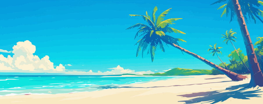 Tropical palm trees on a sandy beach, exotic vacation vibes vector flat minimalistic isolated illustration