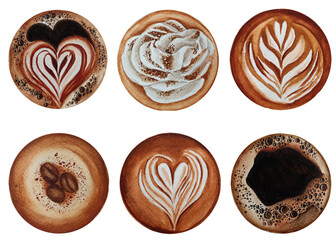 Top view of hot coffee cappuccino spiral heart foam. Watercolor  latte coffee art set. Hot coffee drinks illustration.