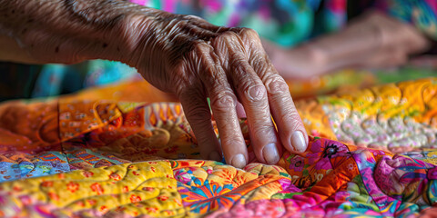 A seamstress’s hands creating a beautiful quilt, piecing together fabric with precision