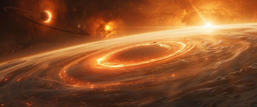 A distant galaxy with two SUNS and a rotating ringed planet at its center has been depicted as a round glowing object in space.