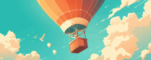 Realistic illustration of a hot air balloon floating in the sky, with vibrant colors and intricate details on the basket and fabric. , Vector flat minimalistic isolated illustration