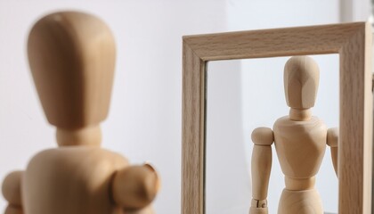 Reflective Gaze: Wooden Mannequin Observing Himself in the Mirror, Symbolizing Introspection and Self-Discovery