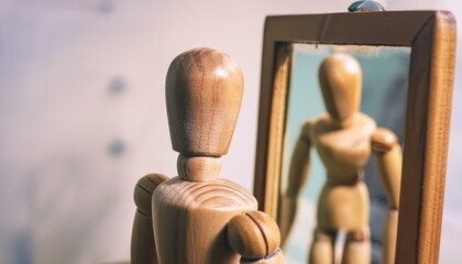 Reflective Gaze: Wooden Mannequin Observing Himself in the Mirror, Symbolizing Introspection and Self-Discovery