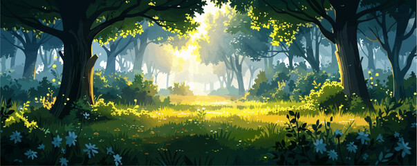 A forest scene with a bright sun shining through the trees
