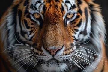 A closeup portrait of a majestic tiger, its eyes gleaming with vibrant orange, intricate whisker details, and the subtle texture of its fur , high resolution DSLR