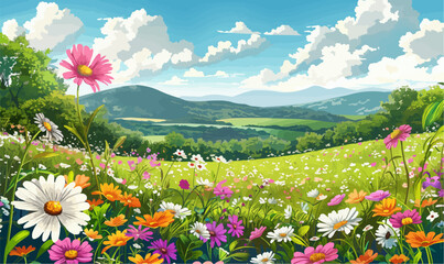 A beautiful field of flowers with a blue sky in the background. The flowers are of various colors, including pink, white, and orange. Concept of peace and tranquility