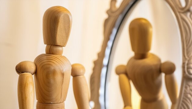Reflective Gaze: Wooden Mannequin Observing Himself in the Mirror, Symbolizing Introspection and Self-Discovery - Powered by Adobe