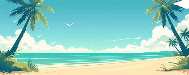 Obraz premium Tropical palm trees on a sandy beach, exotic vacation vibes vector flat minimalistic isolated illustration