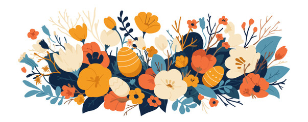 Obraz premium Spring flowers and Easter eggs forming a wreath, Vector flat minimalistic isolated illustration.