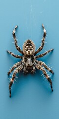 A spider is on a blue surface. The spider is brown and white