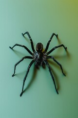 A black spider is on a green surface. The spider is large and has a shiny black body