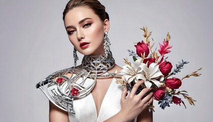 Professional jewellery photo shoot, floral decor. Portrait woman with flowers
