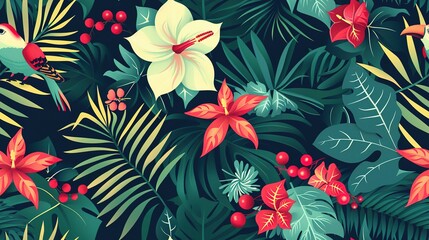 Seamless exotic pattern with tropical leaves flowers and birds