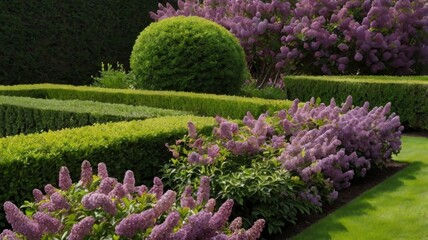 Lilacs and flowering shrub bed cut out for landscape design, including green plants and boxwood...