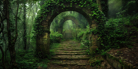 Obraz premium An ancient ivy covered stone archway in the garden.