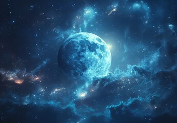 Obraz premium A blue planet with two moons in space, a black background of stars and planets in the sky, sci-fi style, digital art, neon effects, dark blue and silver tones, other worlds in distant orbits, planets 